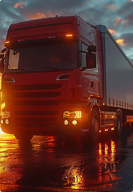Red ELEMARI tractor-trailer at dusk